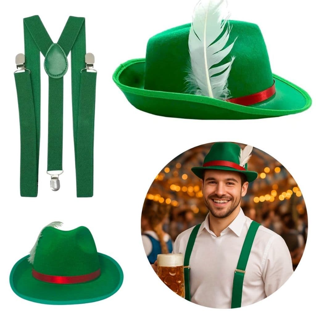 Traje Alemão Oktoberfest Fantasia Masculina Chapéu Suspensório