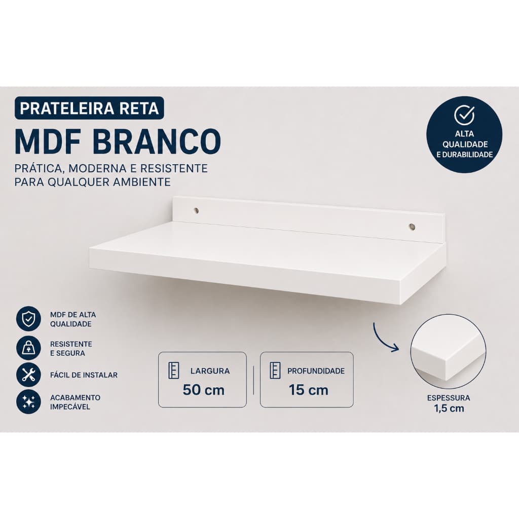 Prateleira Reta MDF Branco 50x15cm – Nicho Prateleira Parede Decoração