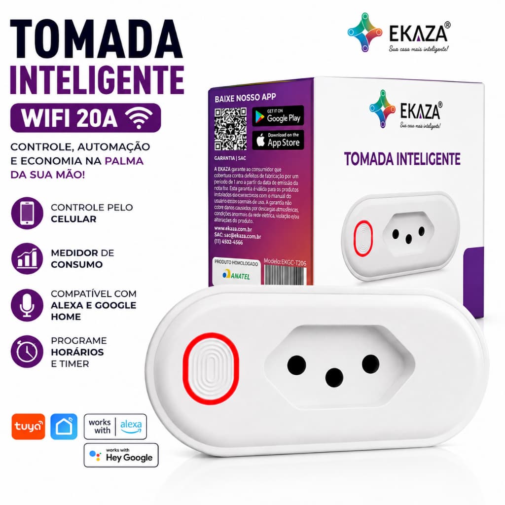 Tomada Inteligente WiFi 20A Pino Grosso Ekaza Medidor Consumo Alexa Google