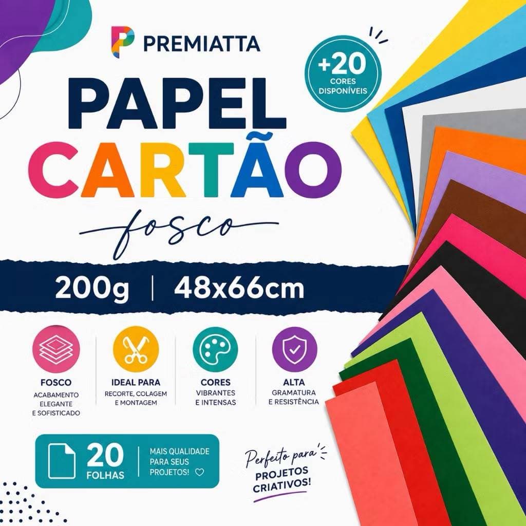 Papel Cartão Fosco Diversas Cores 200g 48x66cm 20 Folhas Papel Para Artesanato e Impressão