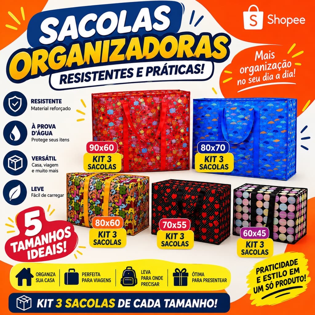 Kit 3 Sacolas de Feira Grande Zíper Impermeável Sacoleira Ziper Resistente - Viagens Compras