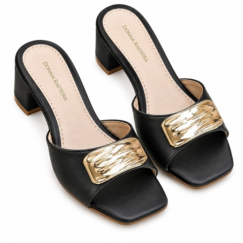 Sandália Feminina Salto Bloco 6,5cm Tamanco Bico Quadrado com Enfeite Dourado Ref 213