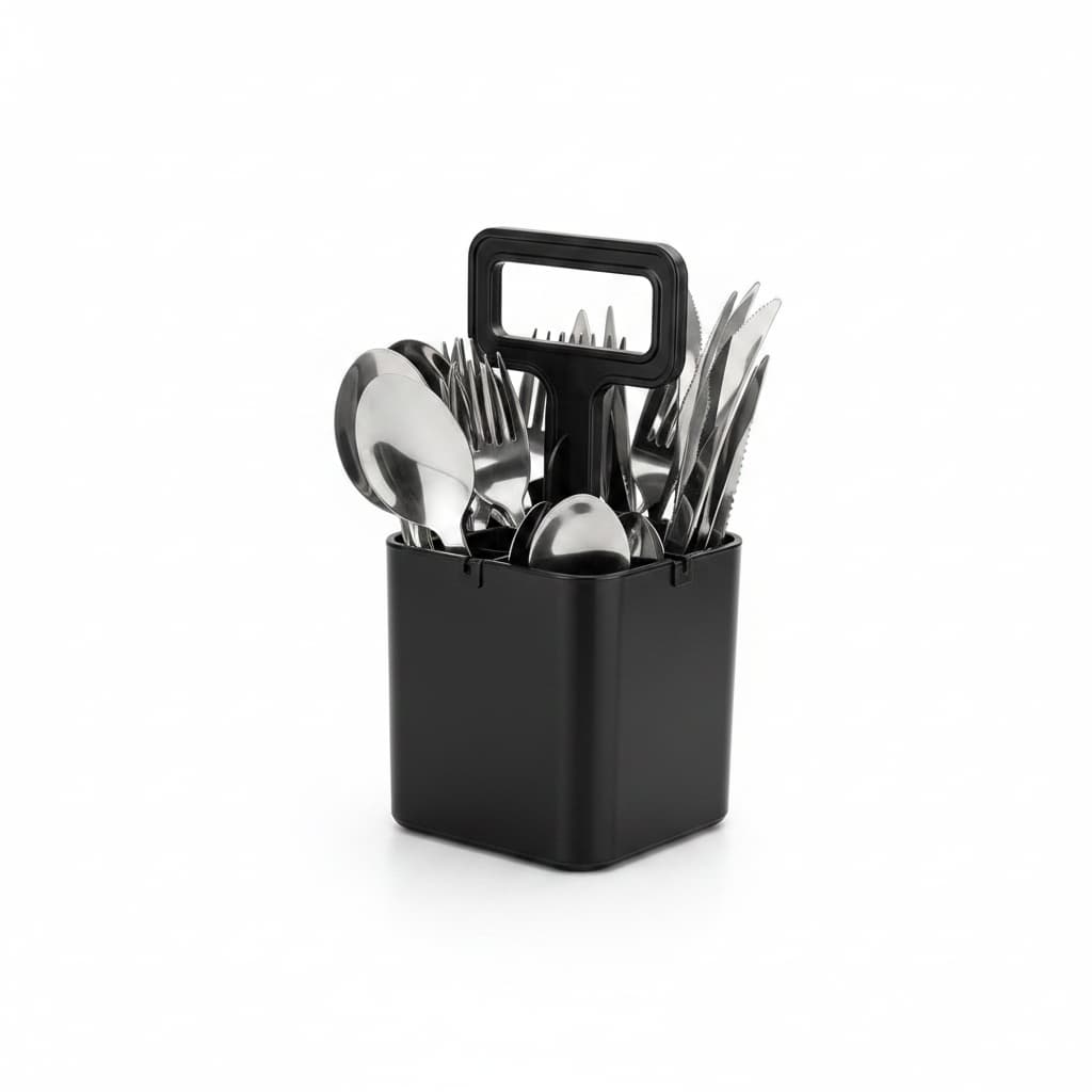 Conjunto Talheres Inox 25 Peças Preto Com Suporte Organizador Colher Faca Garfo Cozinha Mesa