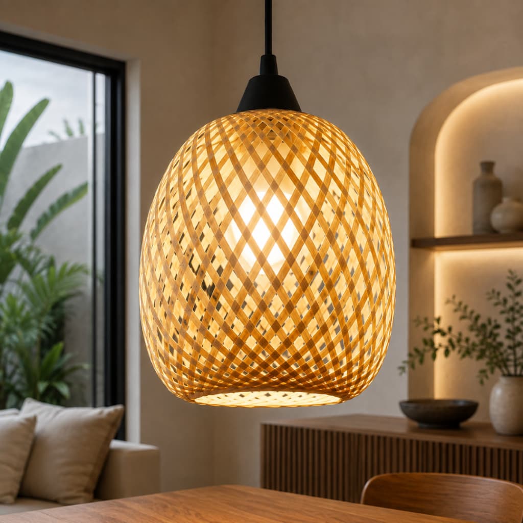 Lustre Pendente Maya 18cm Bambu Natural Lâmpada LED Fiação Ajustável 2m Sunfy Completo Rústico Vime
