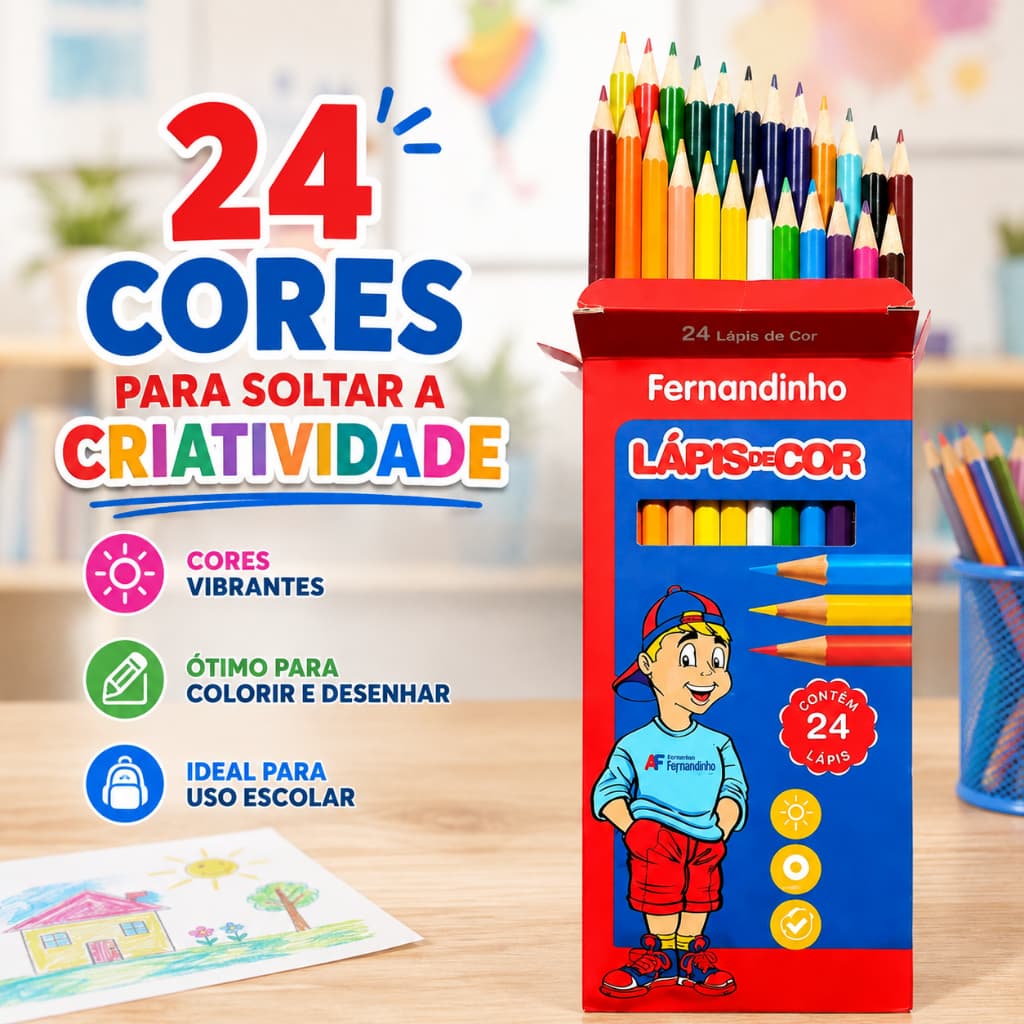 Lápis de Cor Fernandinho 24 Cores Escolar Infantil para Desenho Pintura Colorir Material Escolar