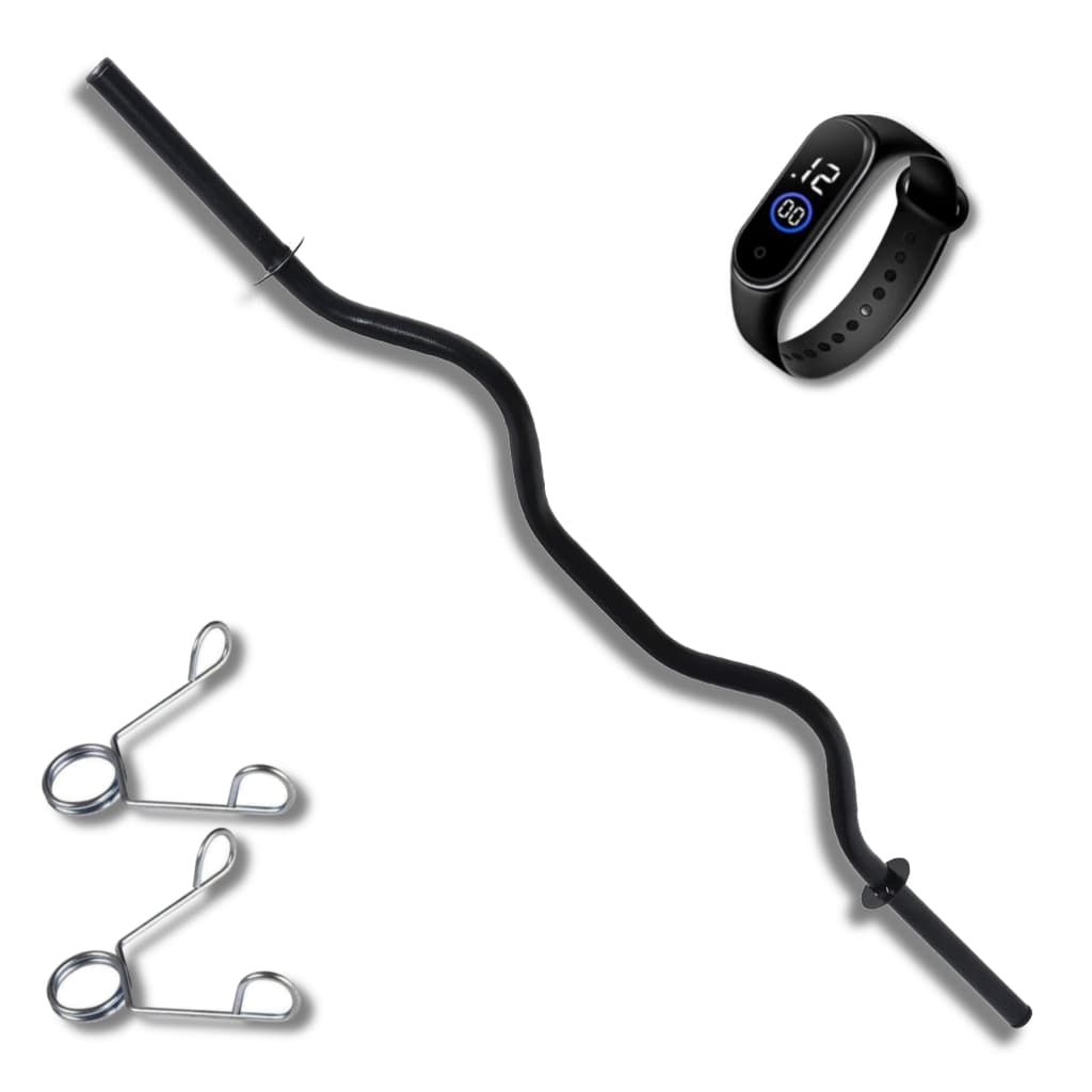 Barra W Musculação 120 Cm Academia Presilhas + Relogio