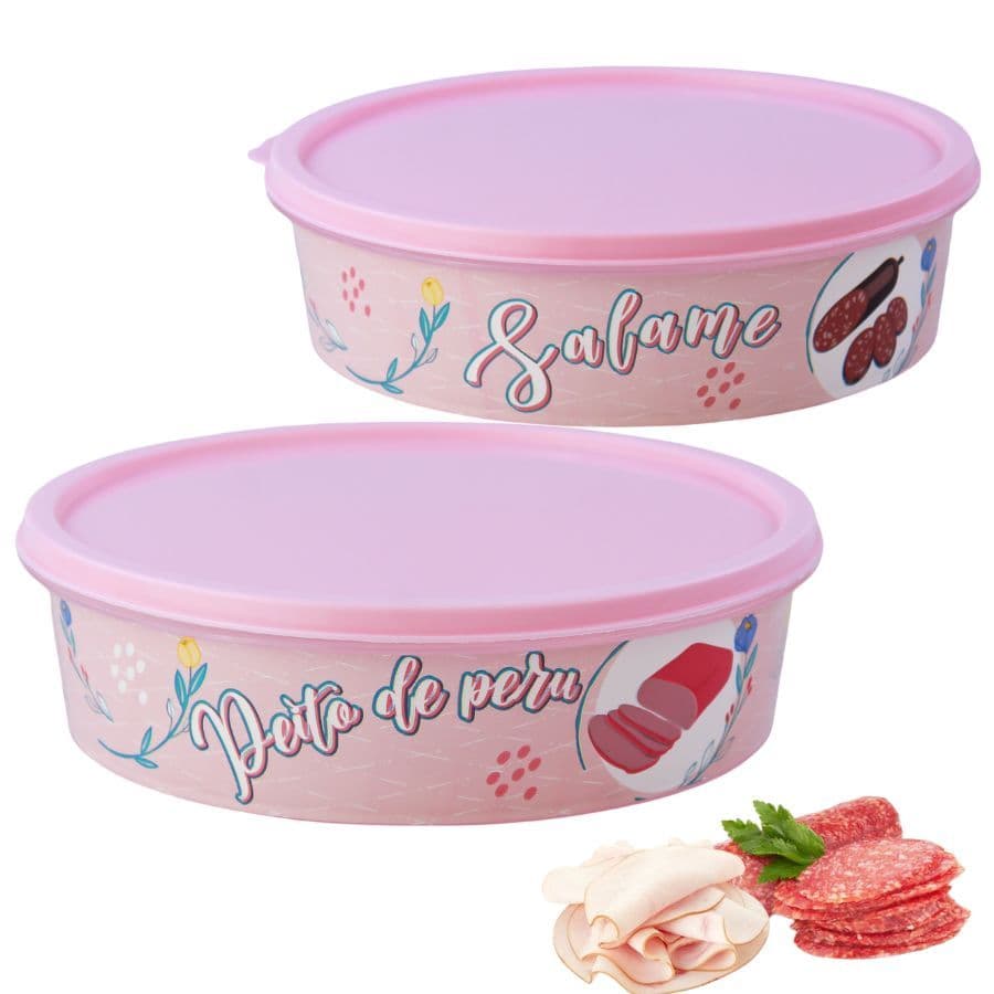Kit 2 Potes Rosa Estampado Porta Frios Salame Peito de Peru 850ml Pedreira Utilidade