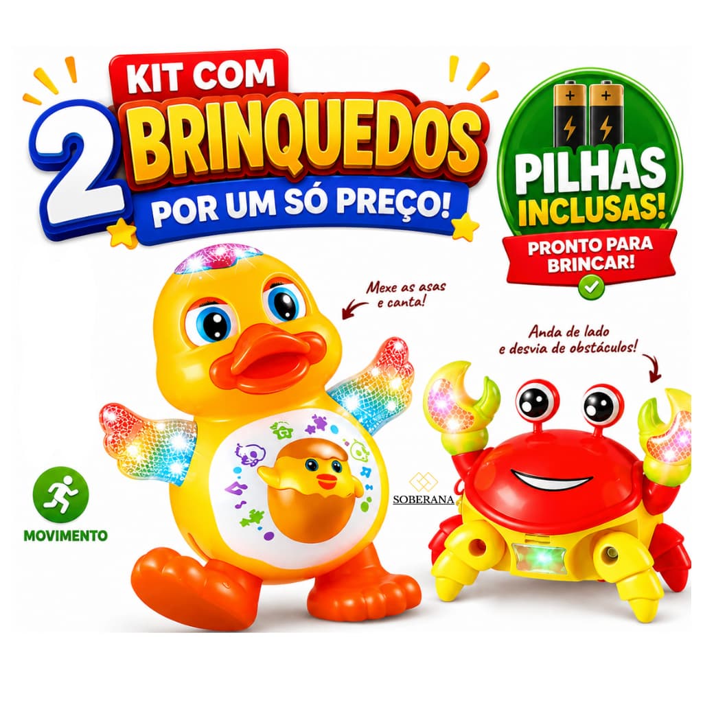 Kit 2 Brinquedos Pato Dançante Caranguejo Fujão Musical com Led Anda Mexe Menino Menina Infantil