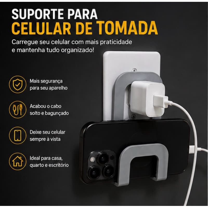 Suporte de Celular para Tomada | Organizador de Carregador | Apoio Para Smartphone PRETO