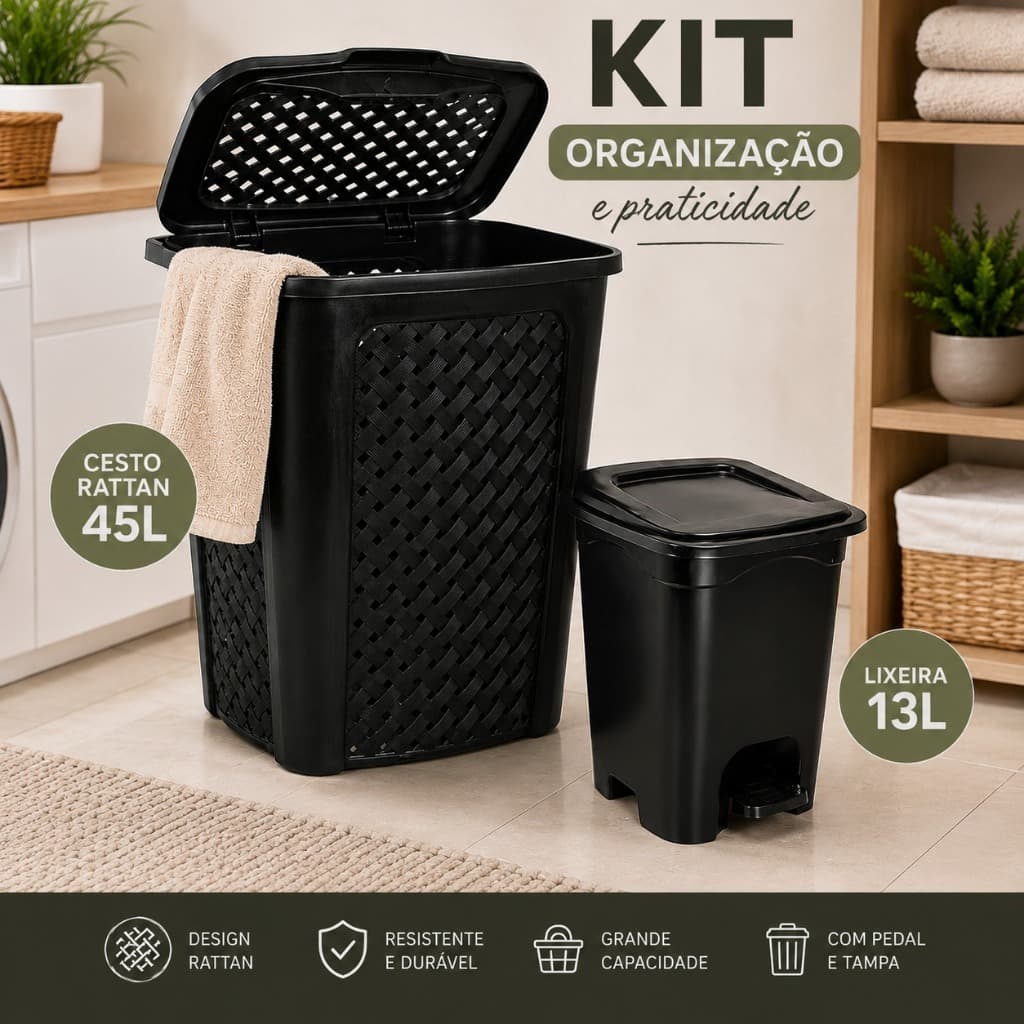 Kit Organização Cesto Rattan 45 Litros + Lixeira 13 Litros com Pedal – Casa e Lavanderia