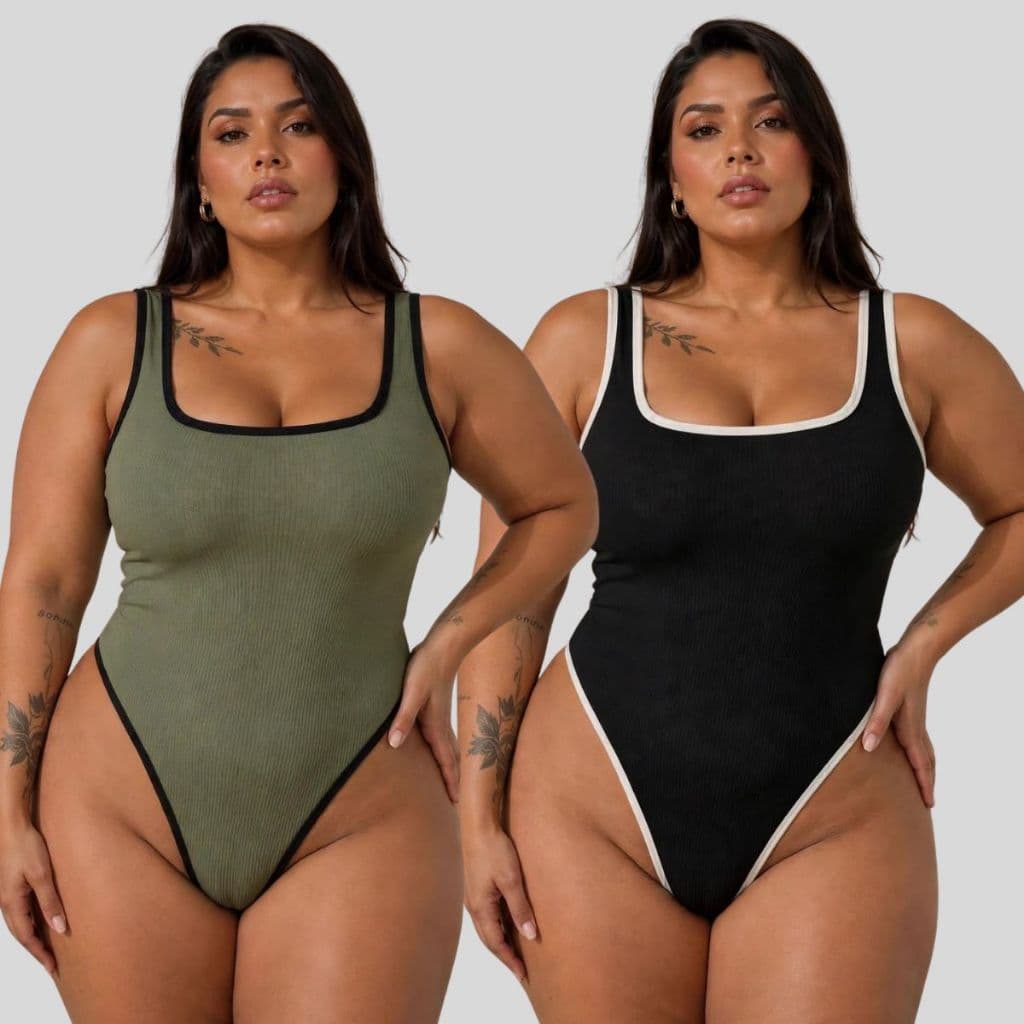 Kit Body Ribana Feminino Tok Plus Size Algodão Decote Quadrado Bicolor Alça Larga Confortável Moda Feminina