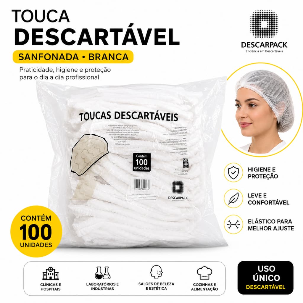 Touca Descartável Sanfonada Branca Descarpack TNT 100% polipropileno Pacote com 100 Unidades
