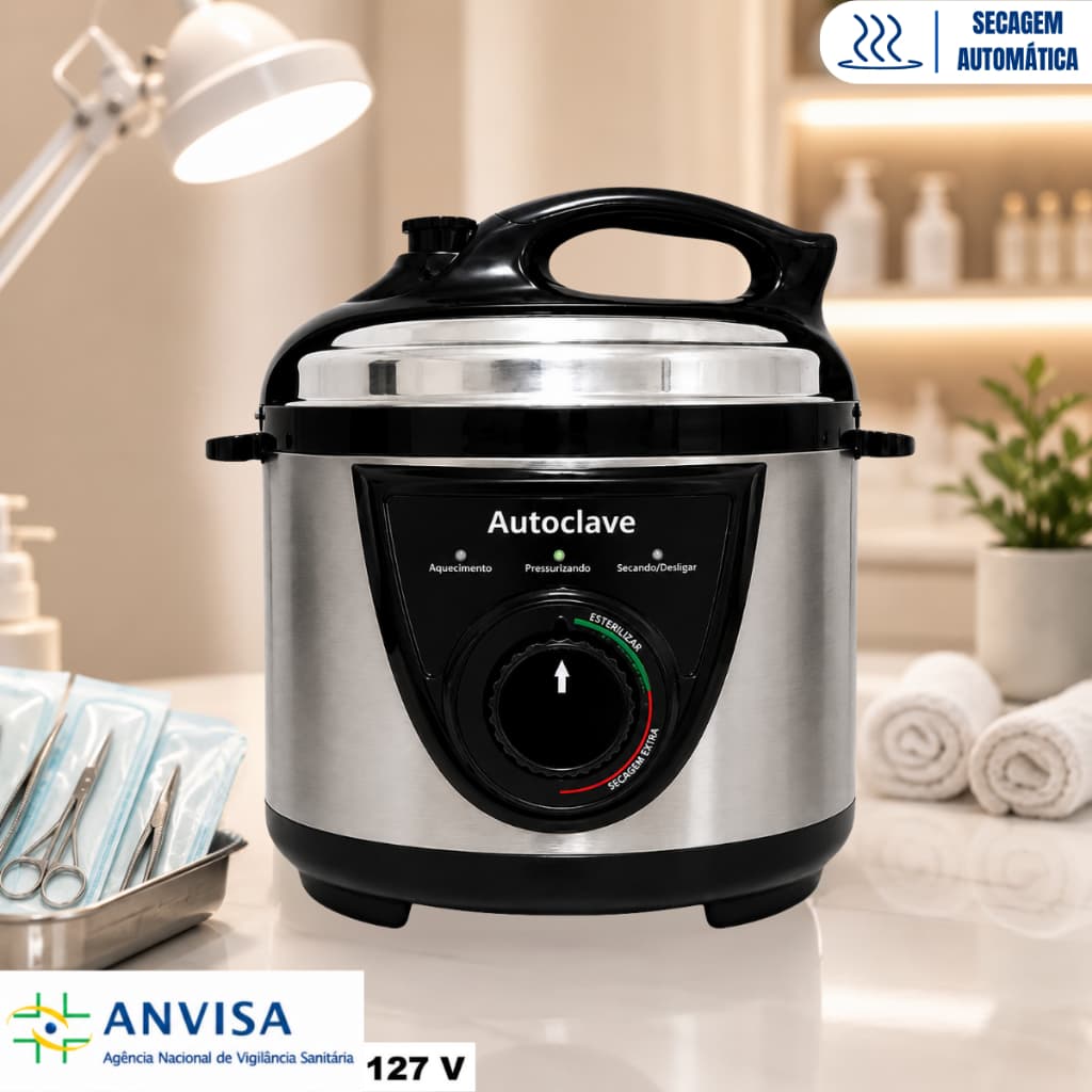 Autoclave LunaSlim Preto 5L Esterilizador Secagem Automático C/ Anvisa 127V Profissional Manicure Estética Odonto