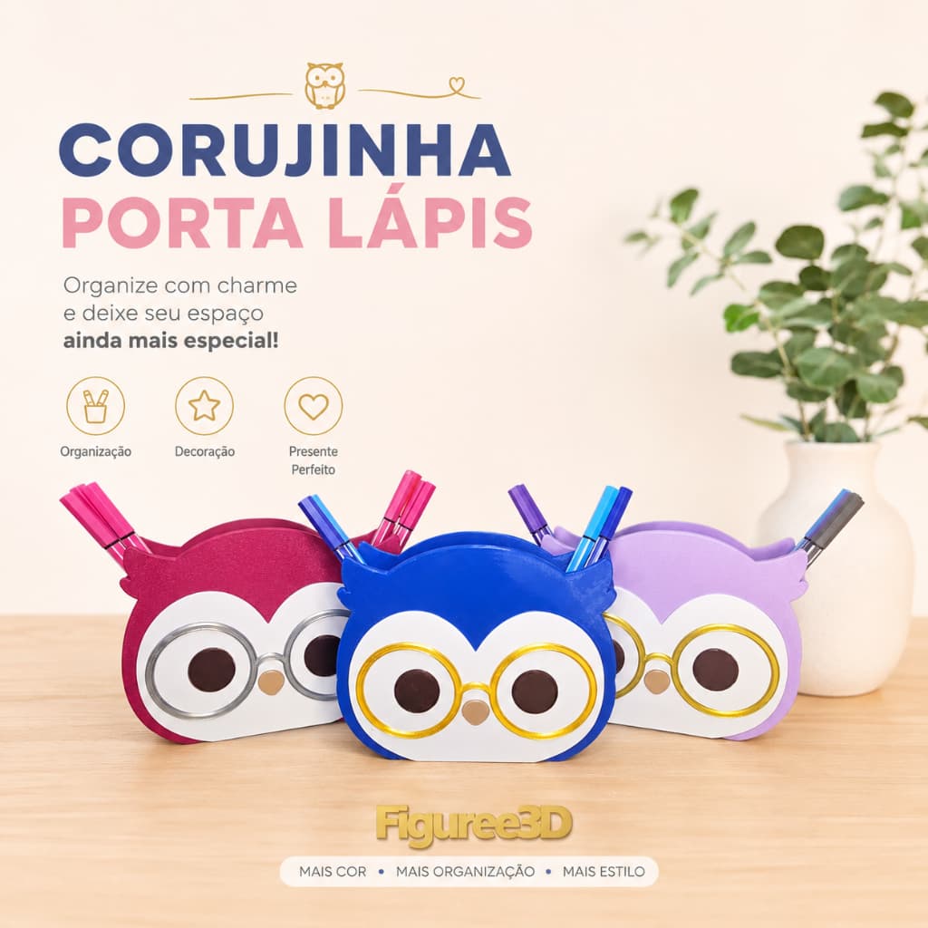 Porta Lápis Caneta Coruja Organizador decorativo de Mesa Estudos Escritório Presente dia dos Professores