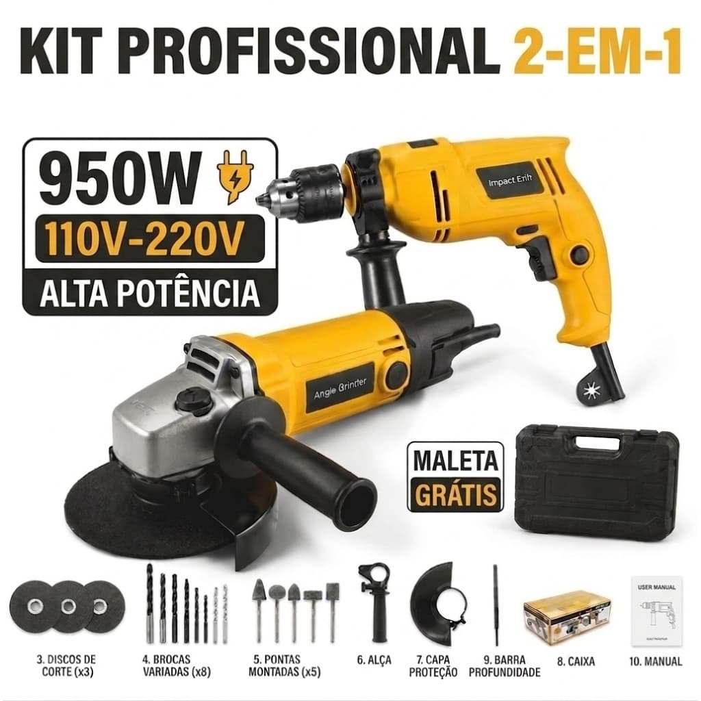 Combo Ferramentas Bivolt 110v/220v Furadeira Impacto  Esmerilhadeira com Maleta Completa 950W