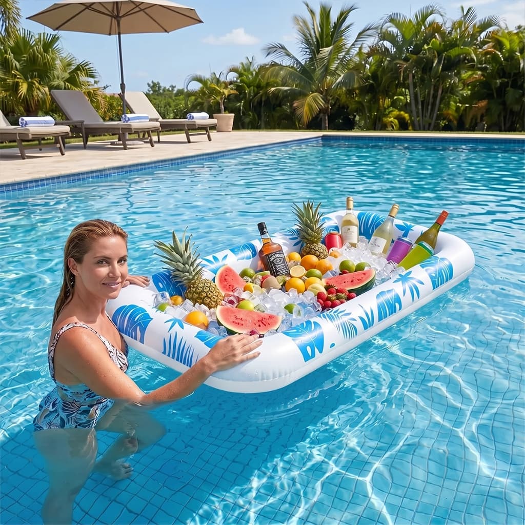 Linha Flutuante Inflável Piscina Float Food Beer Bandeja Azul com estampa de folhas, Acessório de Piscina