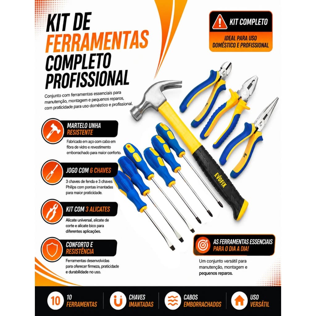 Kit Jogo Completo Ferramentas Martelo Alicates Universal Meia Cana e Corte Chaves De Fenda e Philips