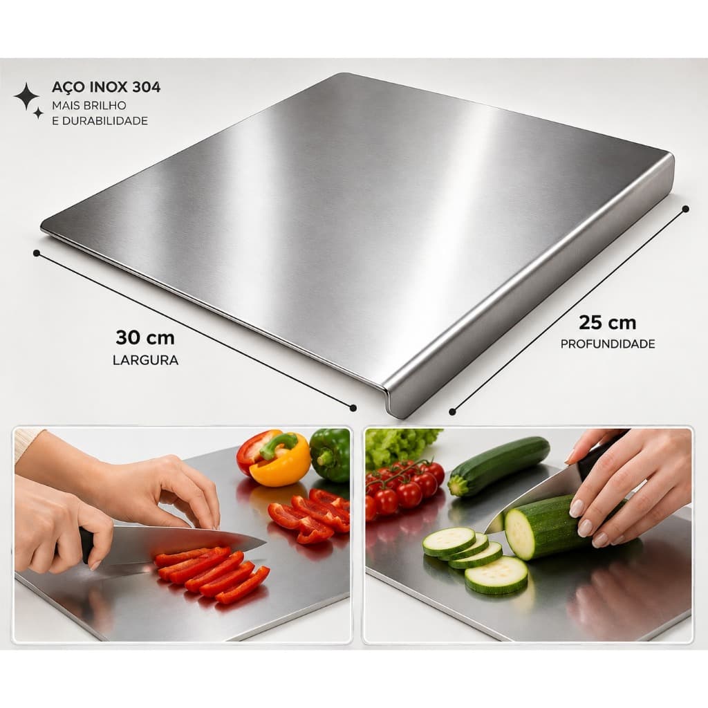 Tábua de Corte Inox com Encaixe para Pia Antiderrapante Aço Inox Profissional