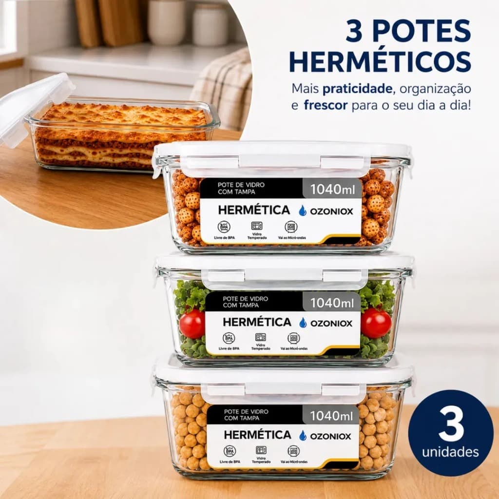 Kit 3 Potes De Vidro Hermetíco 1040ml Azul Marmita Microondas Freezer Porta Mantimentos Forno Refratário