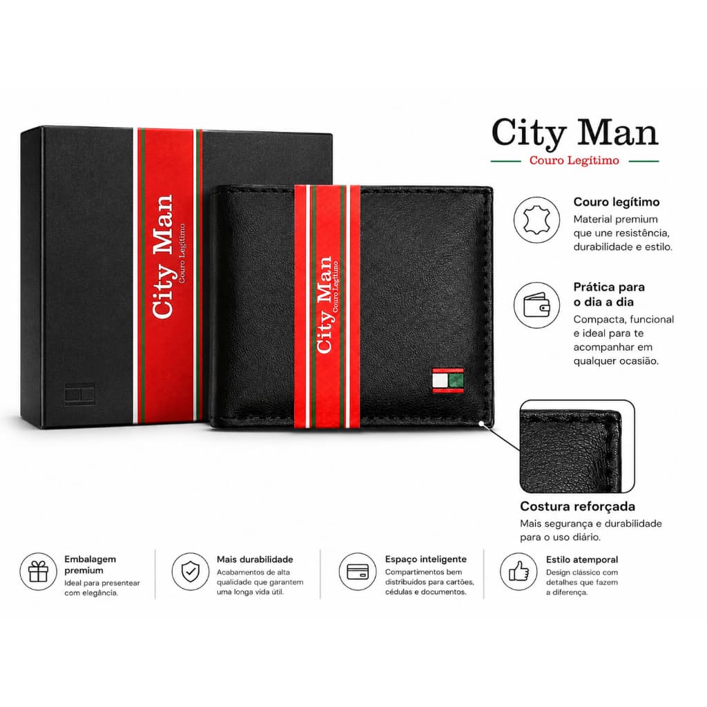 carteira masculina social de couro legitimo 1 unidade na caixa para presente