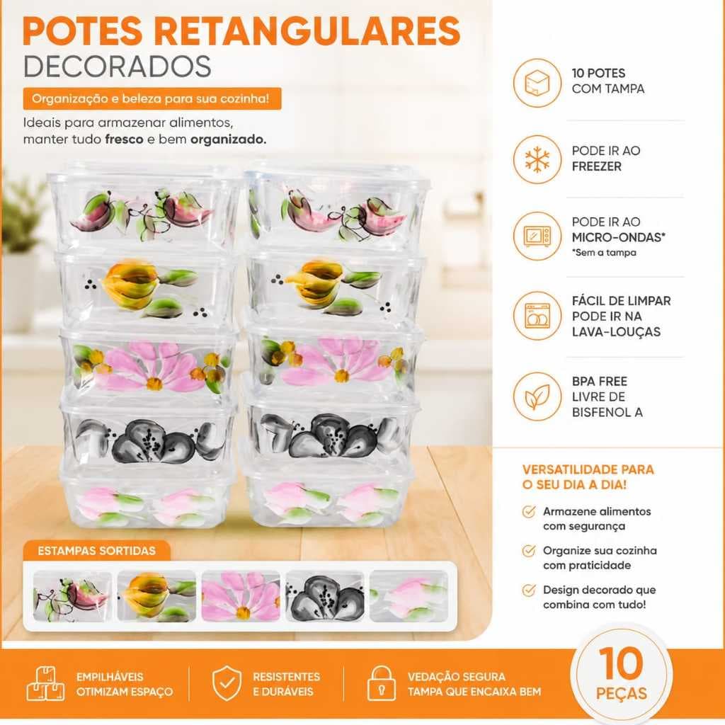 Kit 10 Potes Plásticos Retangulares com Tampa – Potes para Alimentos Decorados, Empilháveis e Multiuso