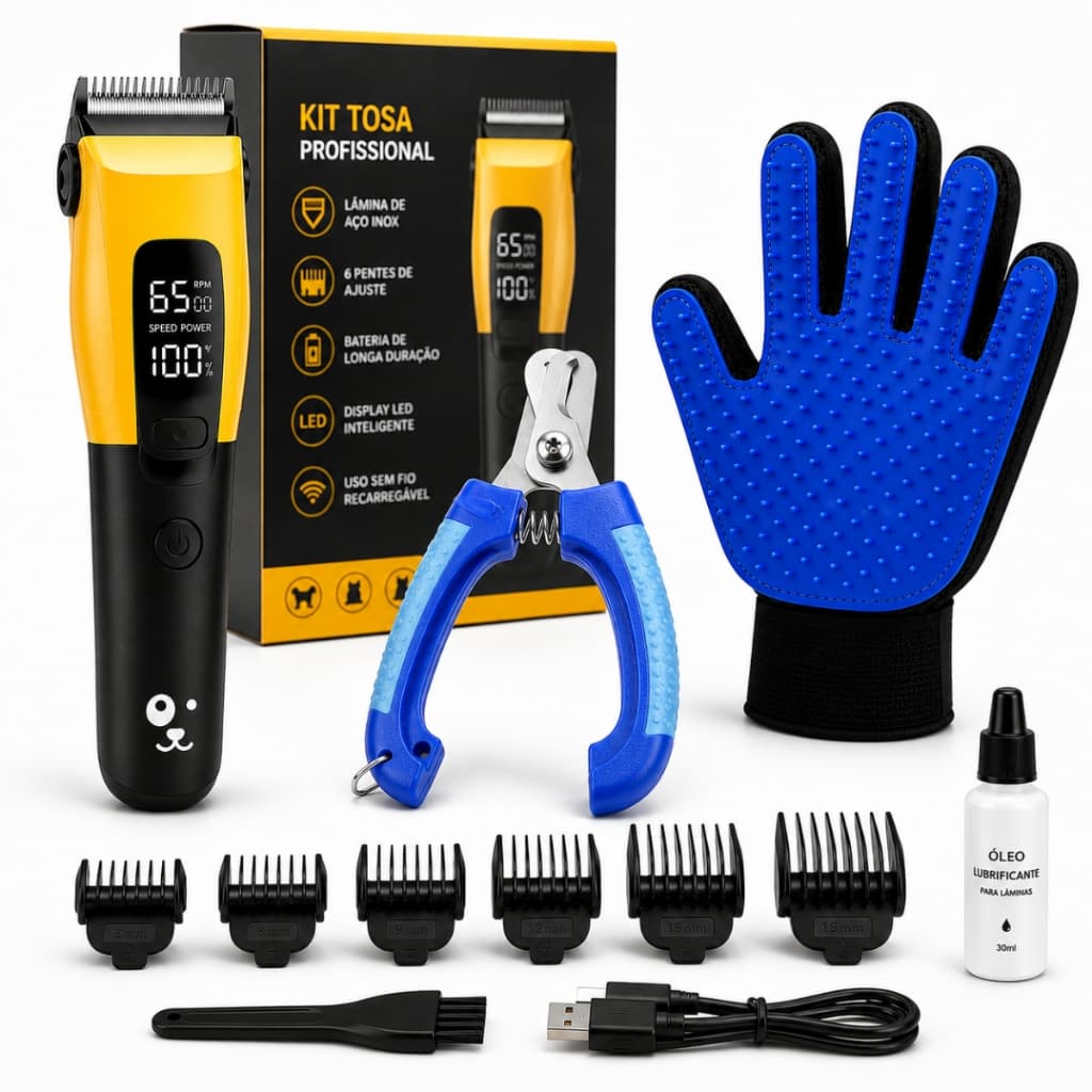 Máquina de Tosa cães e gatos B-MAX e Luva Removedora de Pelos | Tosador Silenciosa, Inox, Bivolt USB