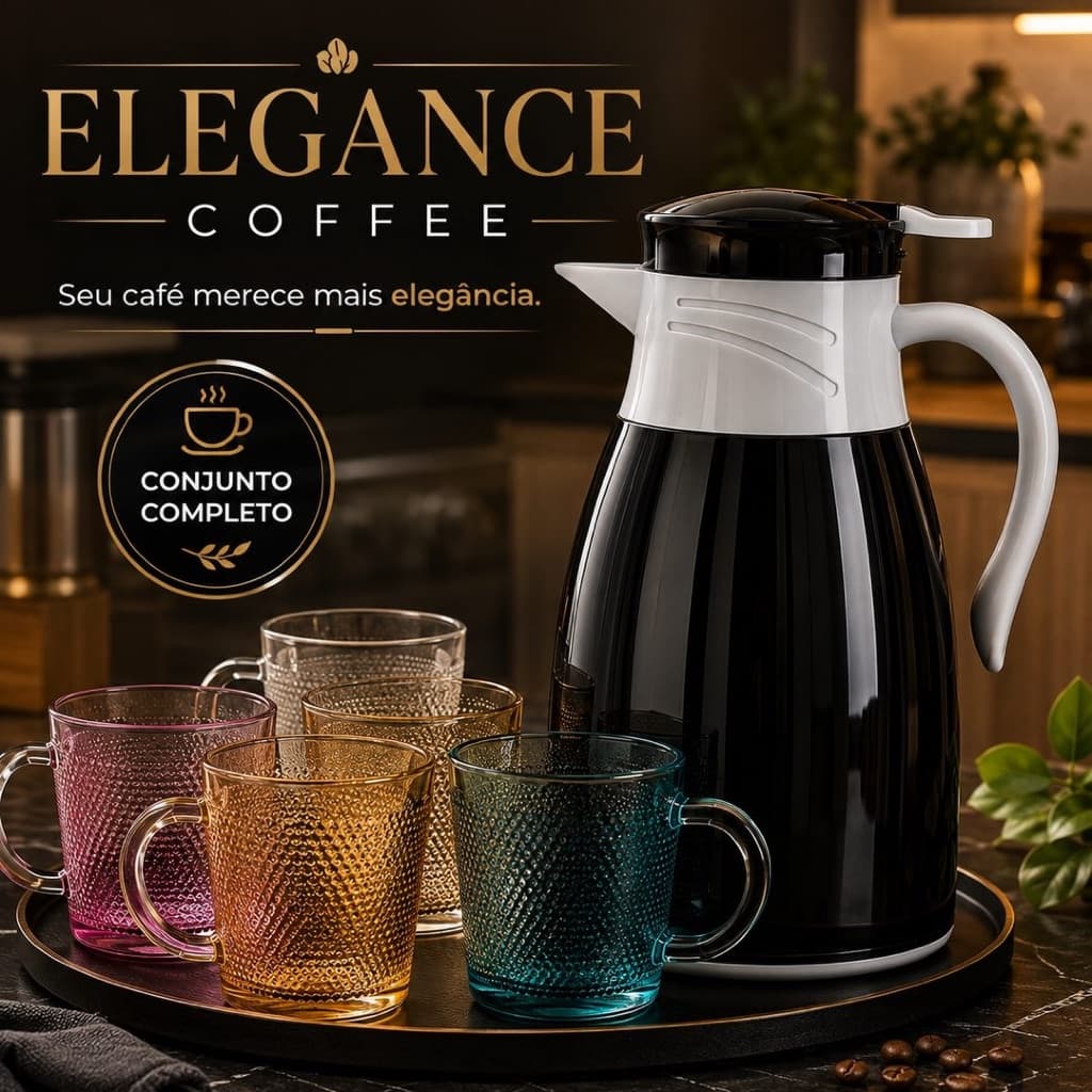 Elegance Coffee — Conjunto Garrafa Térmica \+ 4 Canecas de Vidro