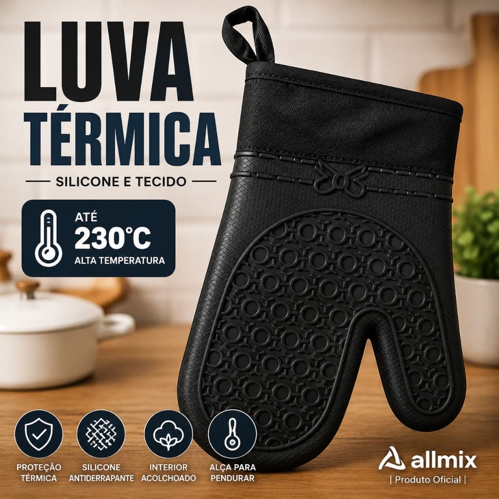 Luva Térmica de Cozinha Allmix Silicone para Alta Temperatura até 230°C