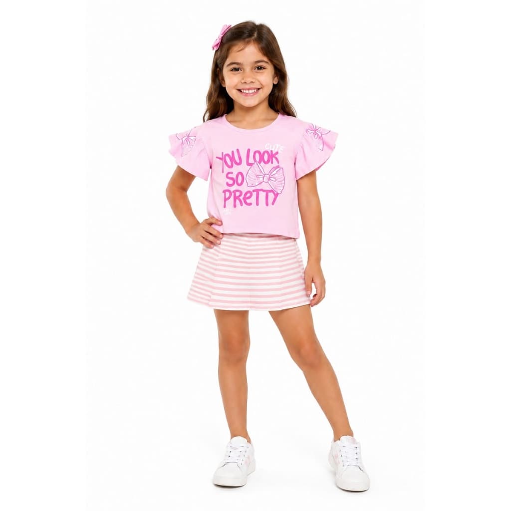 Conjunto Feminino Juvenil Menina Estampado Blusa E Shorts Saia Moda Infantil Casual Verão Estiloso 4 Ao 8
