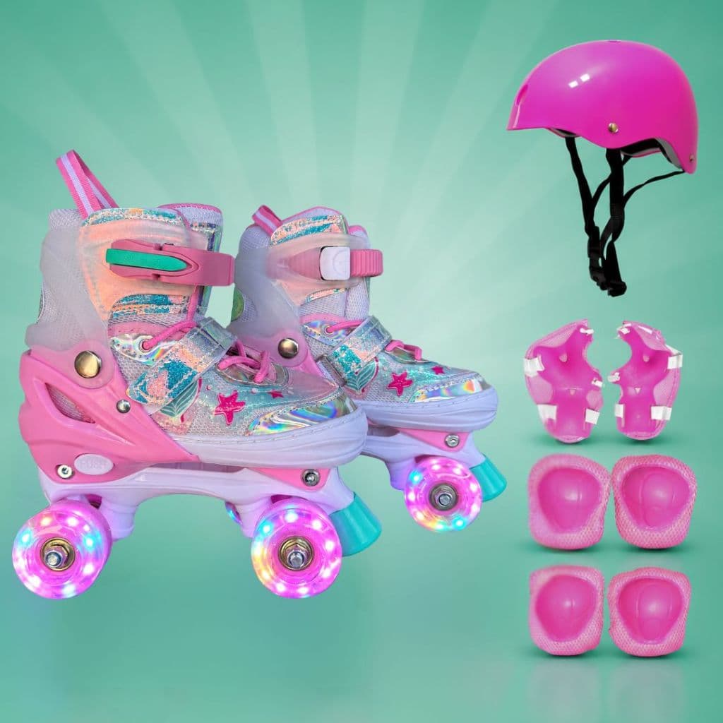 Patins Quad Estrela do Mar Holográfico Com Led + Bolsa + KIT DE PROTEÇÃO