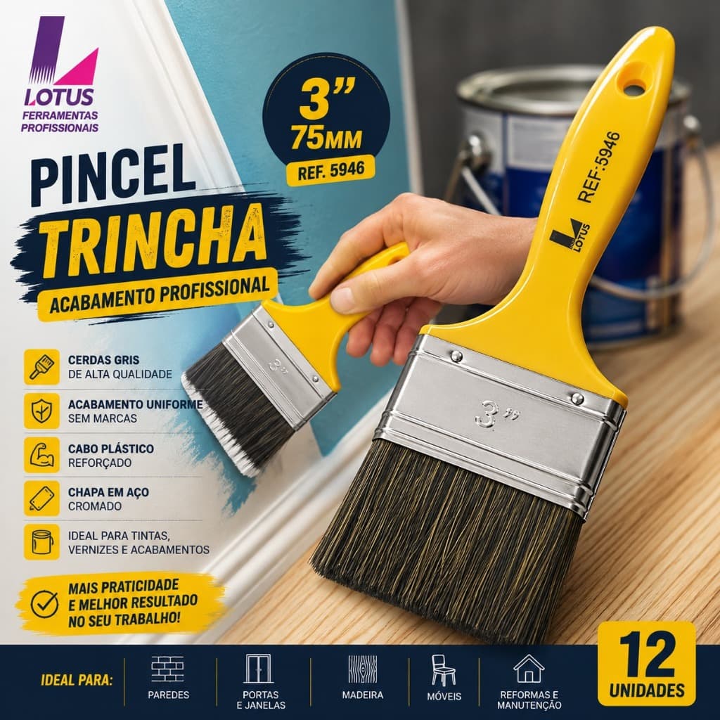 KIT 12 UNIDADES Pincel Tipo Trincha 3" Plus | Acabamento Profissional e Durabilidade Garantida | 5946