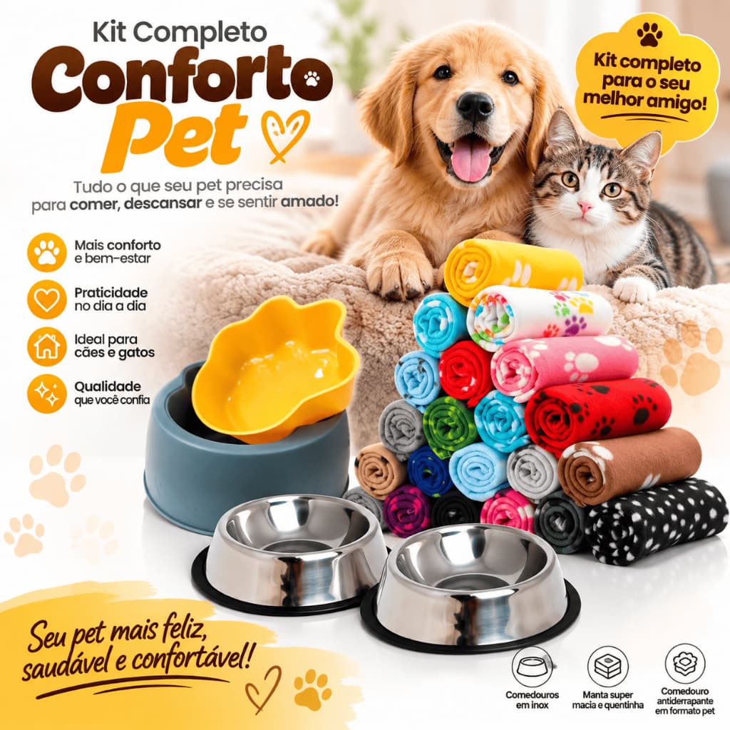 Kit Completo Pet – 2 Comedouros Inox + Comedouro Antiderrapante + Mantas para Cães e Gatos