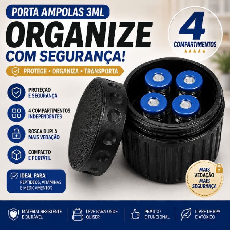 Porta Ampolas 3ml 4 Compartimentos Organizador Peptídeos Trizer Tampa Transporte Seguro Remédios
