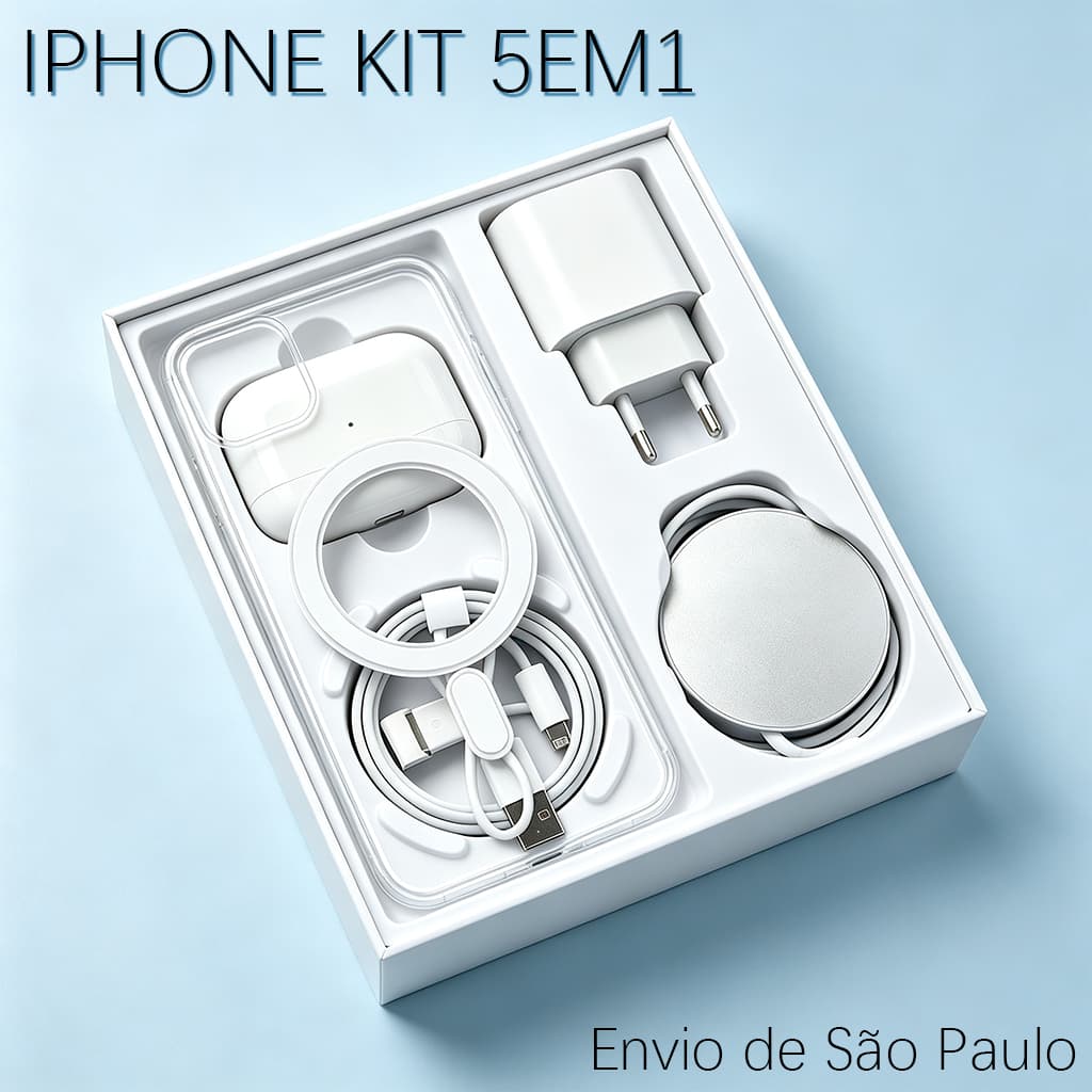 Kit 5 em 1 2026 para iPhone 11-16 Pro com Capa Cabo Carregador PD20W Carregador sem Fio e Fone Bluetooth