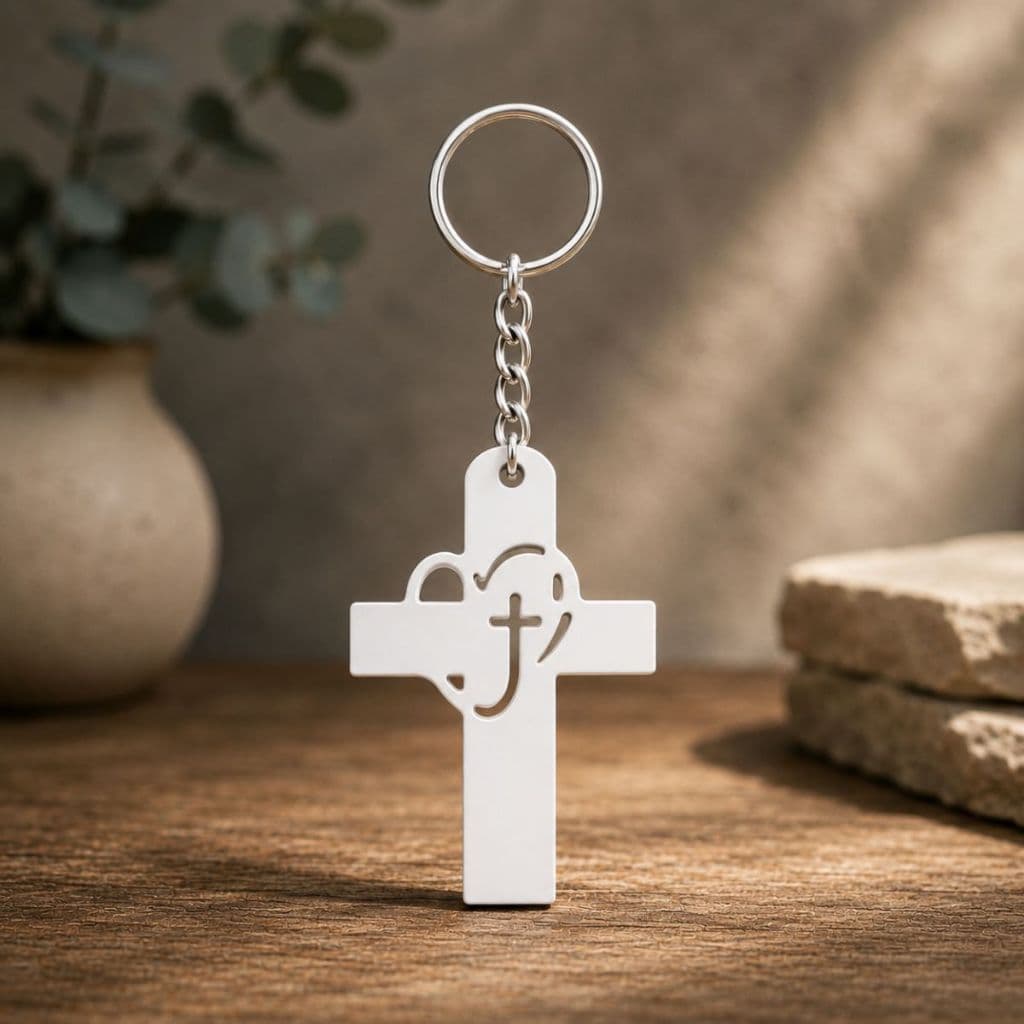 Cruz com Coração Chaveiro Branco Proteção Presente Religioso Envio Imediato