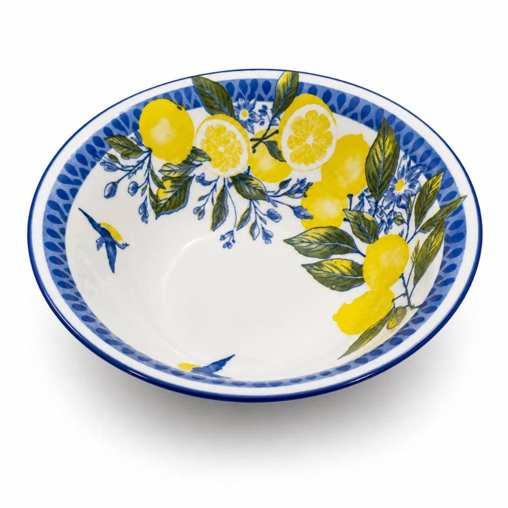 Kit 2 Tigela Bowl Cerâmico Estampa Limão Siciliano com Pássaro Azul 15cm 400ml