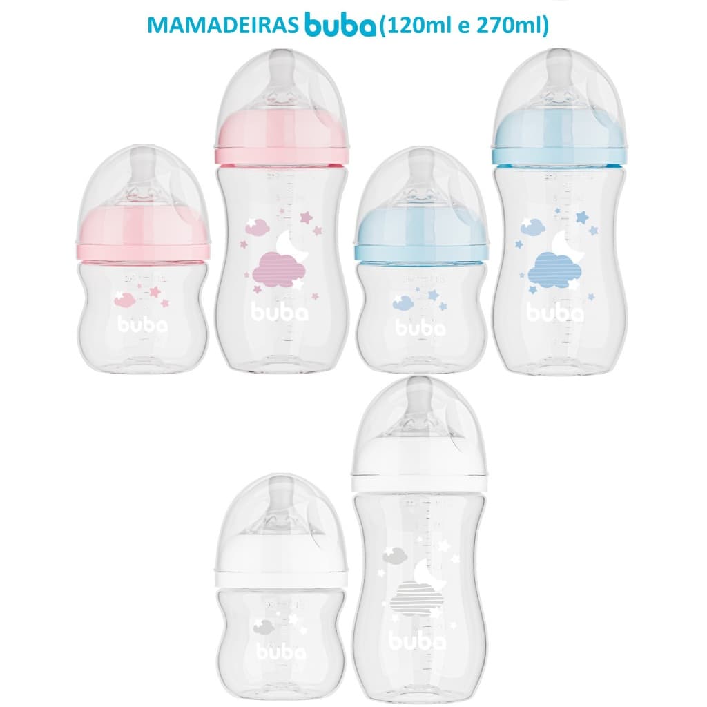 Kit 2 Mamadeiras Buba Anticólica Ergonômica 120ml + 270ml - Easy Flow nuvem