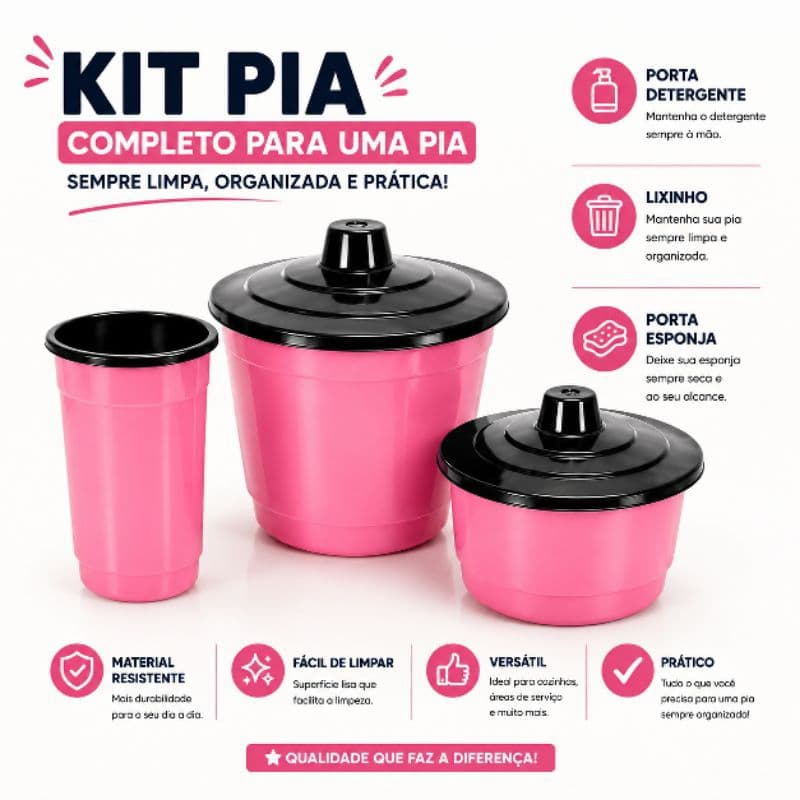 Kit Pia 3 em 1 Rosa com Tampa Preta | Lixeira + Porta Detergente + Porta Esponja