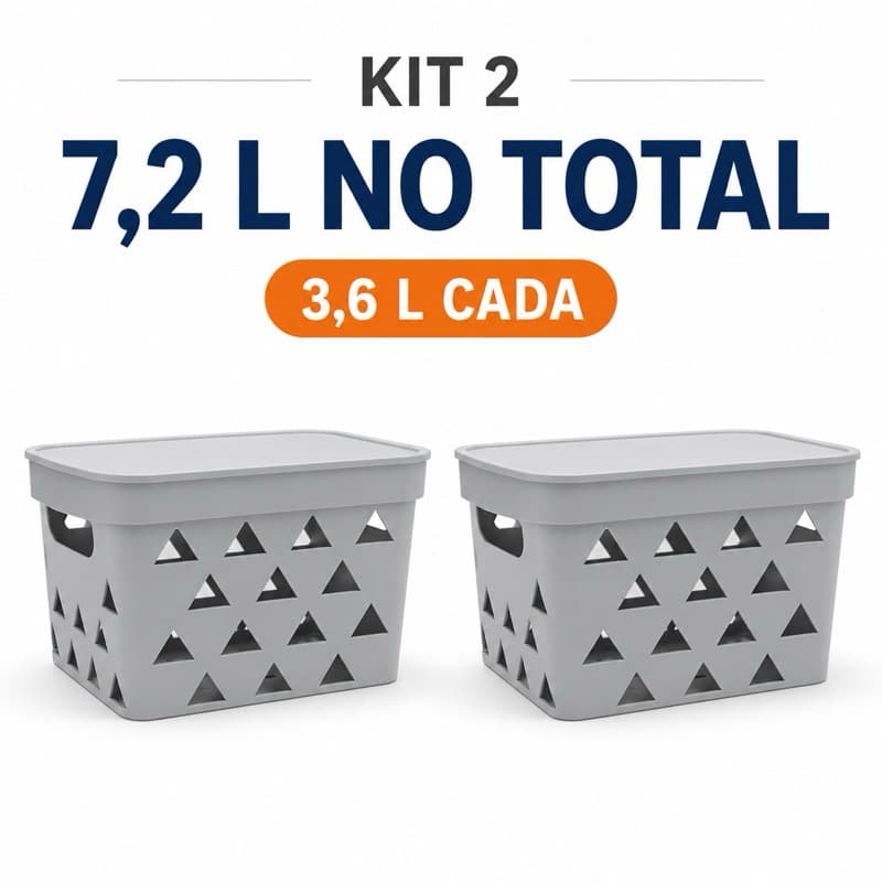 Kit 2 Organizadores Xplast Triângulos com Tampa 3,6L Cada 7,2L Total Multiuso Cozinha Despensa Armário Cinza