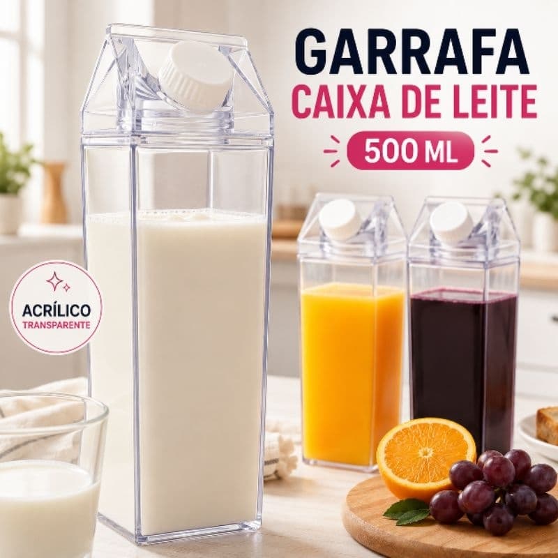 Garrafa Caixa Leite Sucos Acrílico Conserva Transparente Liquido Jarra Pote Vasilha Armazena 500ml Piquenique Passeio