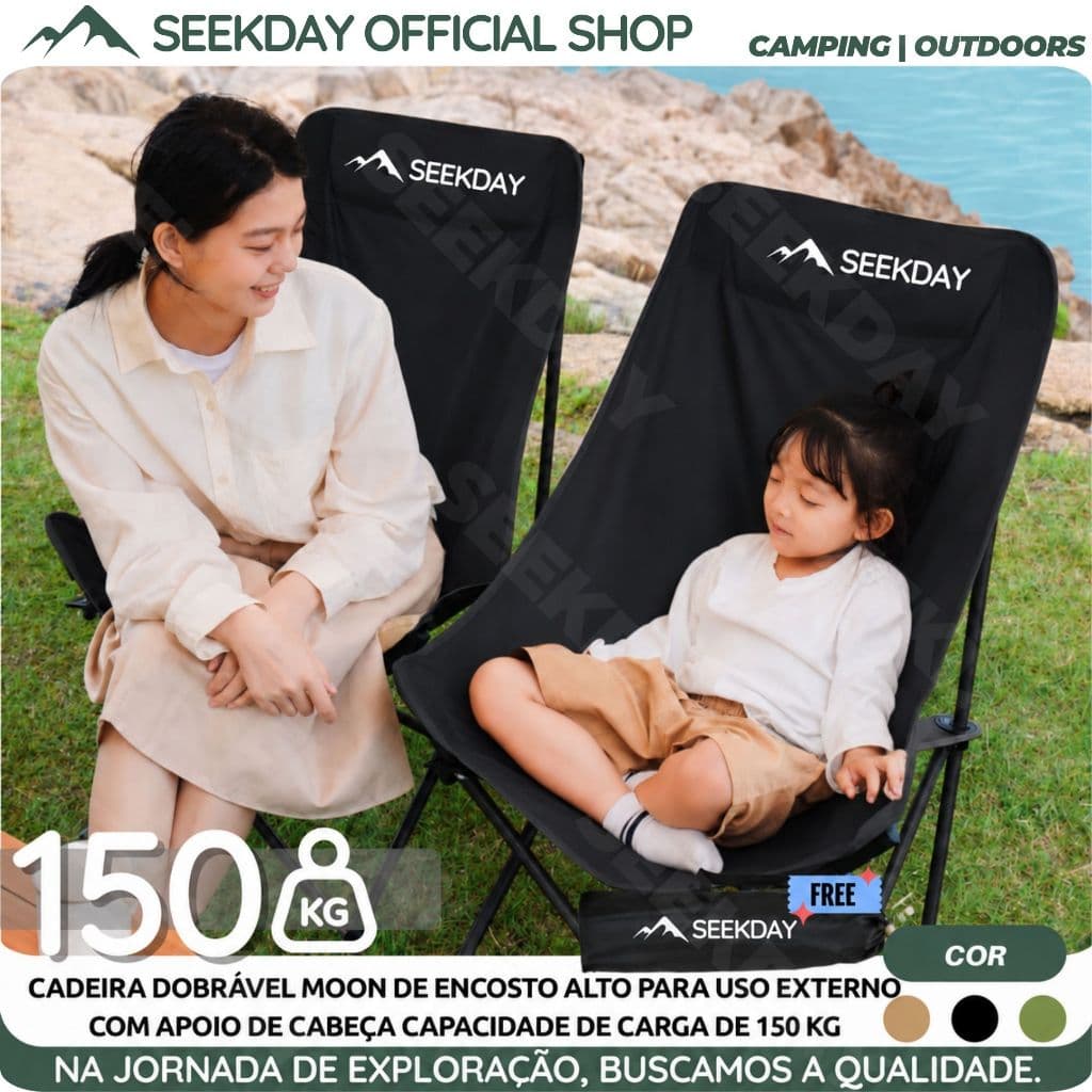 Seekday Cadeira De Camping Alta Dobravel 150kg Encosto Cabeca Almofada Assento Largo Lazer Familia
