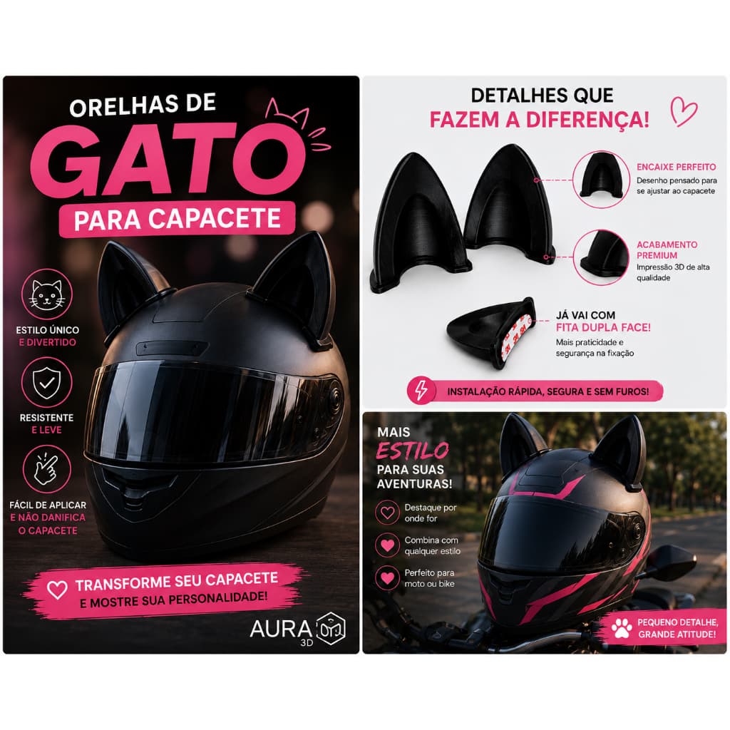 Orelhas de Gato para Capacete Moto e Bike – Par com Fita Dupla Face | Acessório Personalizado