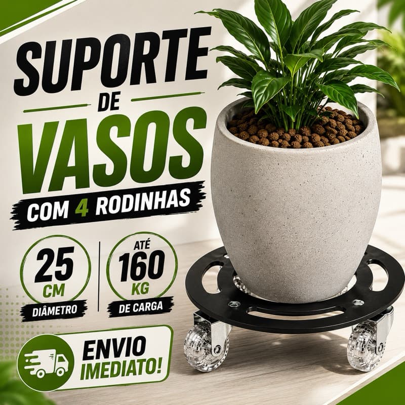Suporte de Vasos, botijão, moveis 25cm com 4 Rodinhas Giratórias – Até 160kg  | Estrutura de Ferro