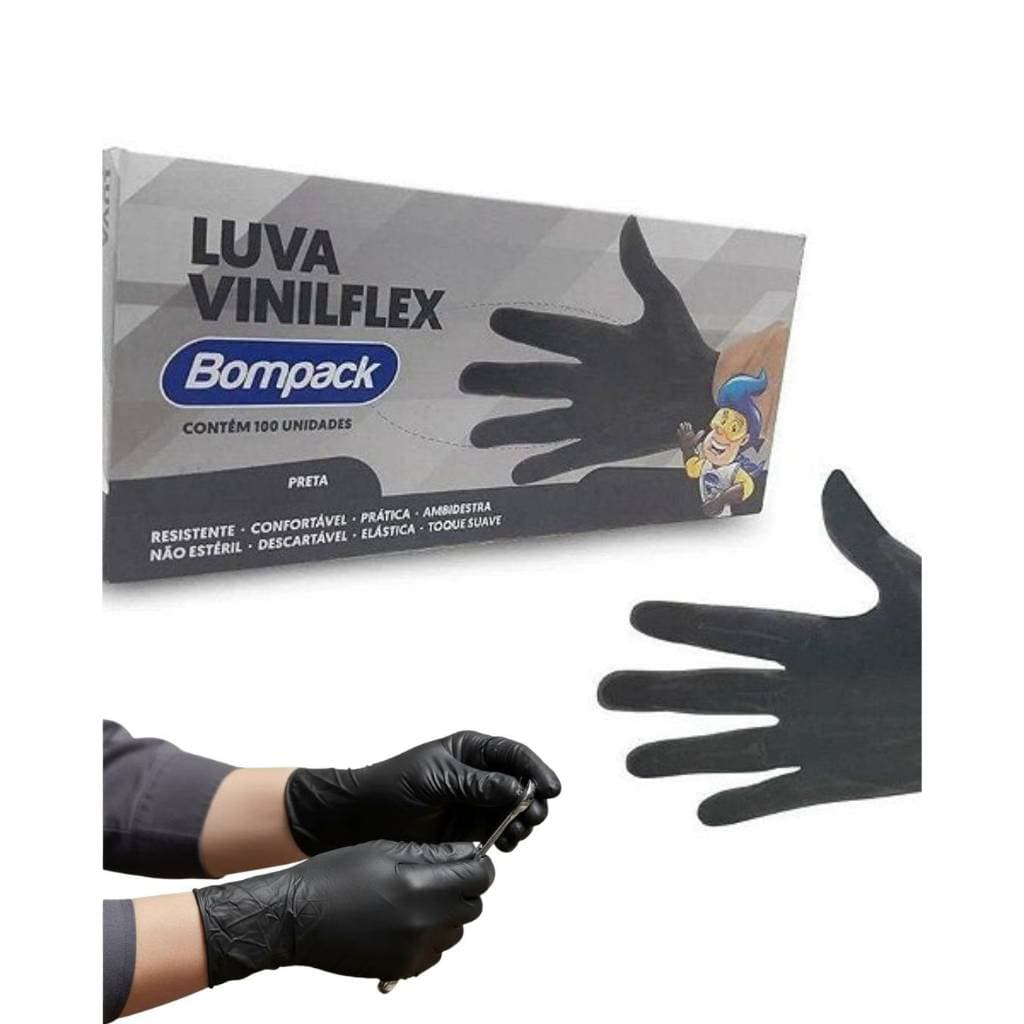 Luva Vinil Flex Descartável Proteção D Mãos C100un Preta G