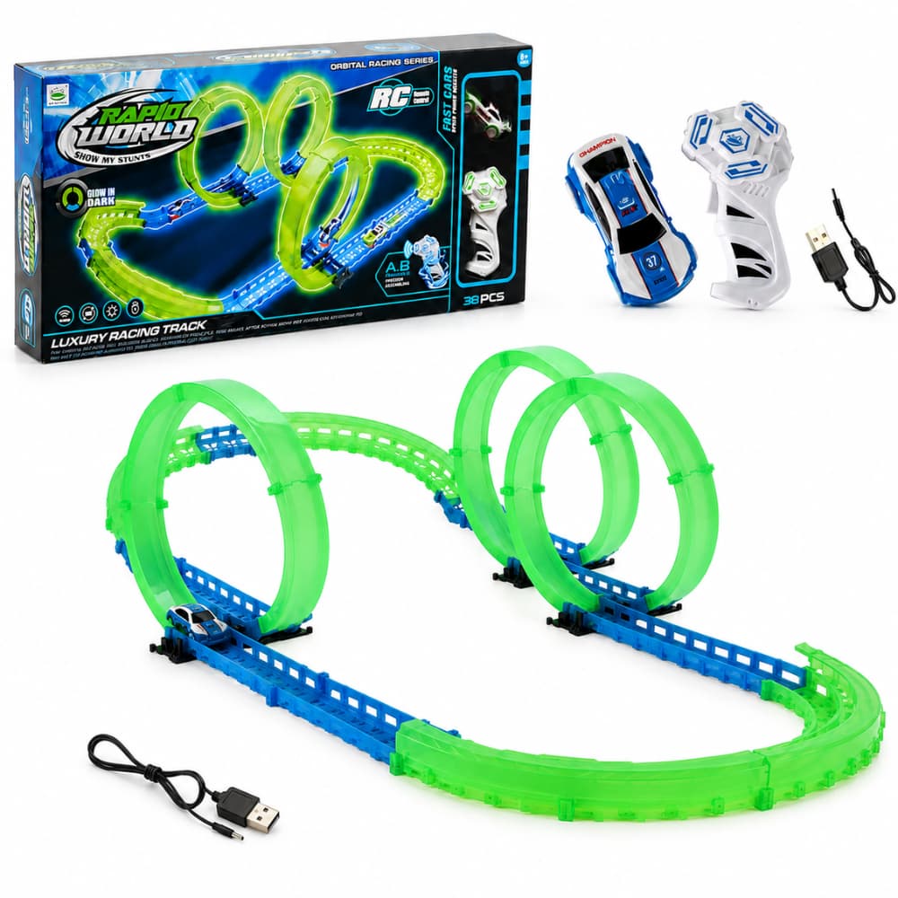Pista de Autorama 3 Loops 38 Peças Carrinho Controle Remoto Recarregável USB Brilha no Escuro