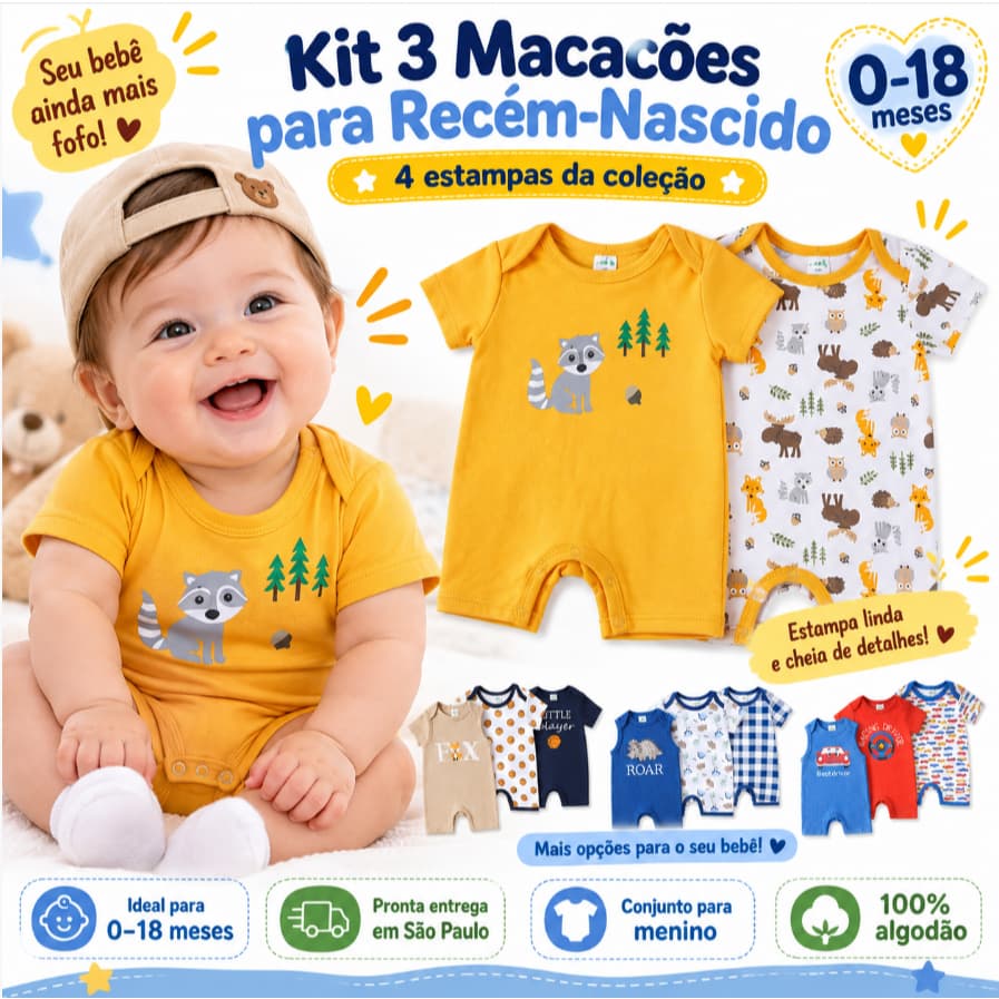 Kit 3 Macacão Curto Bebê Raposa Bosque Unissex Payifang 100% Algodão 0 a 18 Meses Regata + Manga Curta Conjunto Roupa Be