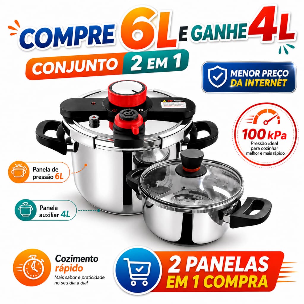Kit 2 em 1 Panela de Pressão 6L + Panela 4L Aço Inox 100kPa 3 Níveis Tampas Intercambiáveis