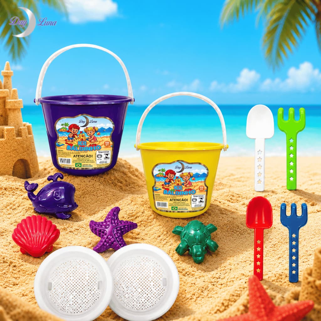 Kit 2 Baldinhos de Praia 12 Peças Pá Peneira Rastelo Moldes Cores Sortidas Day Luna