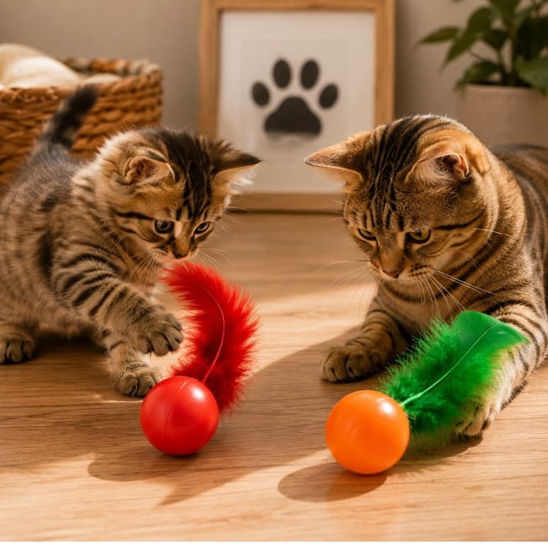 Kit 2 Bolinhas Penas Gatos Caes 4cm Guizo Brinquedo Interativo Estímulo Anti-Stress Resistentes Atóxico Cores Sortidas