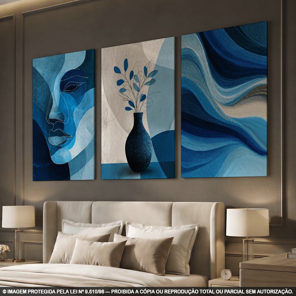 Kit 3 Quadros Decorativos Abstratos Azul com Rosto, Vaso e Ondas para Sala